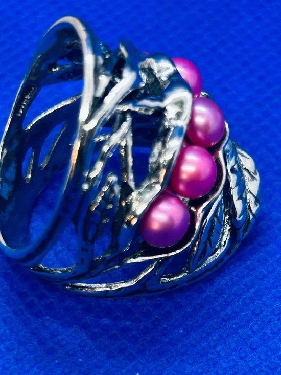 Passage to Israel Silver Leaf Ring with Pink Pearls - Picture 3 of 5